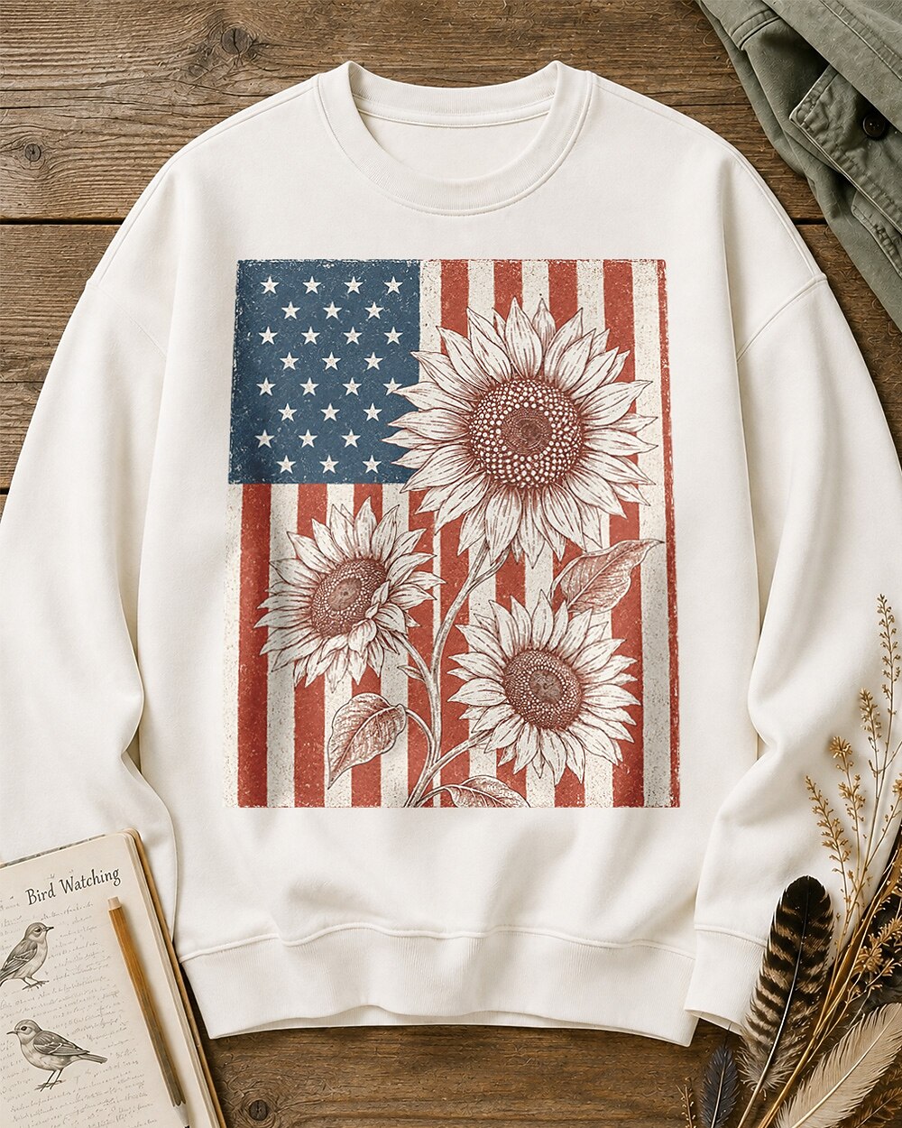 American Flag Sunflower Vintage Botanical Sketch Sweatshirt