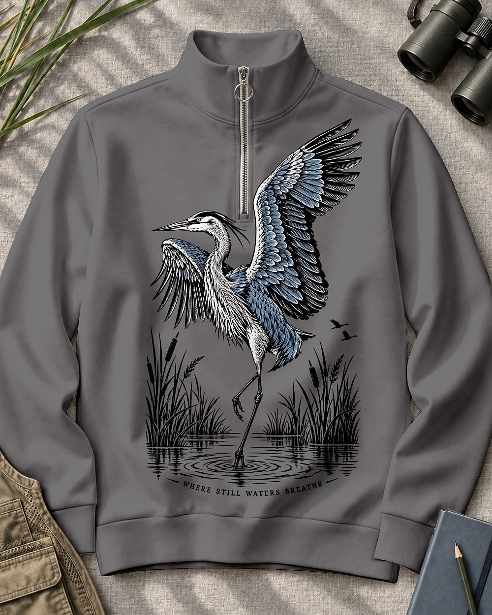 Great Blue Heron Wetland UPF50+ Spandex Quarter-Zip Stretch Sweatshirt