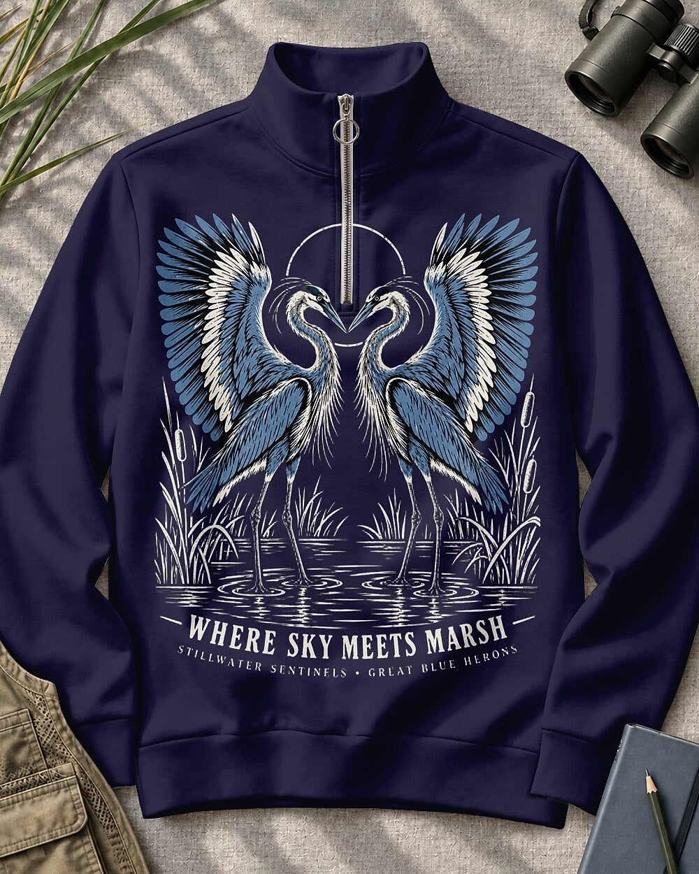 Great Blue Heron Pair Birdwatching Quarter-Zip Stretch Sweatshirt Spandex UPF50+