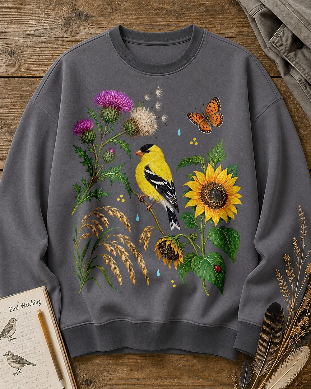 American Goldfinch Sunflower Thistle Wildflower Bird Watching Sweatshirt