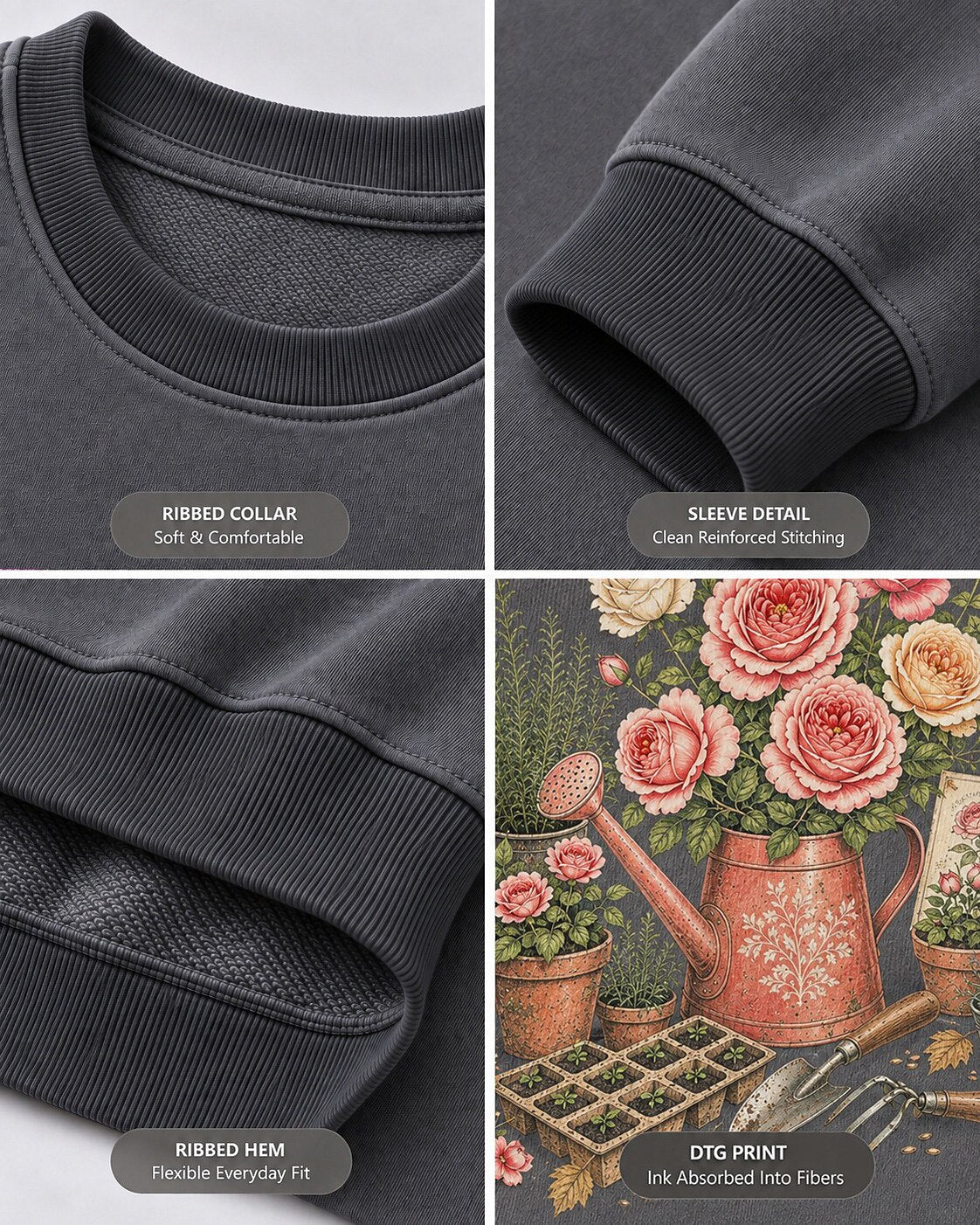 Rose Watering Can Cottage Garden Floral Sweatshirt