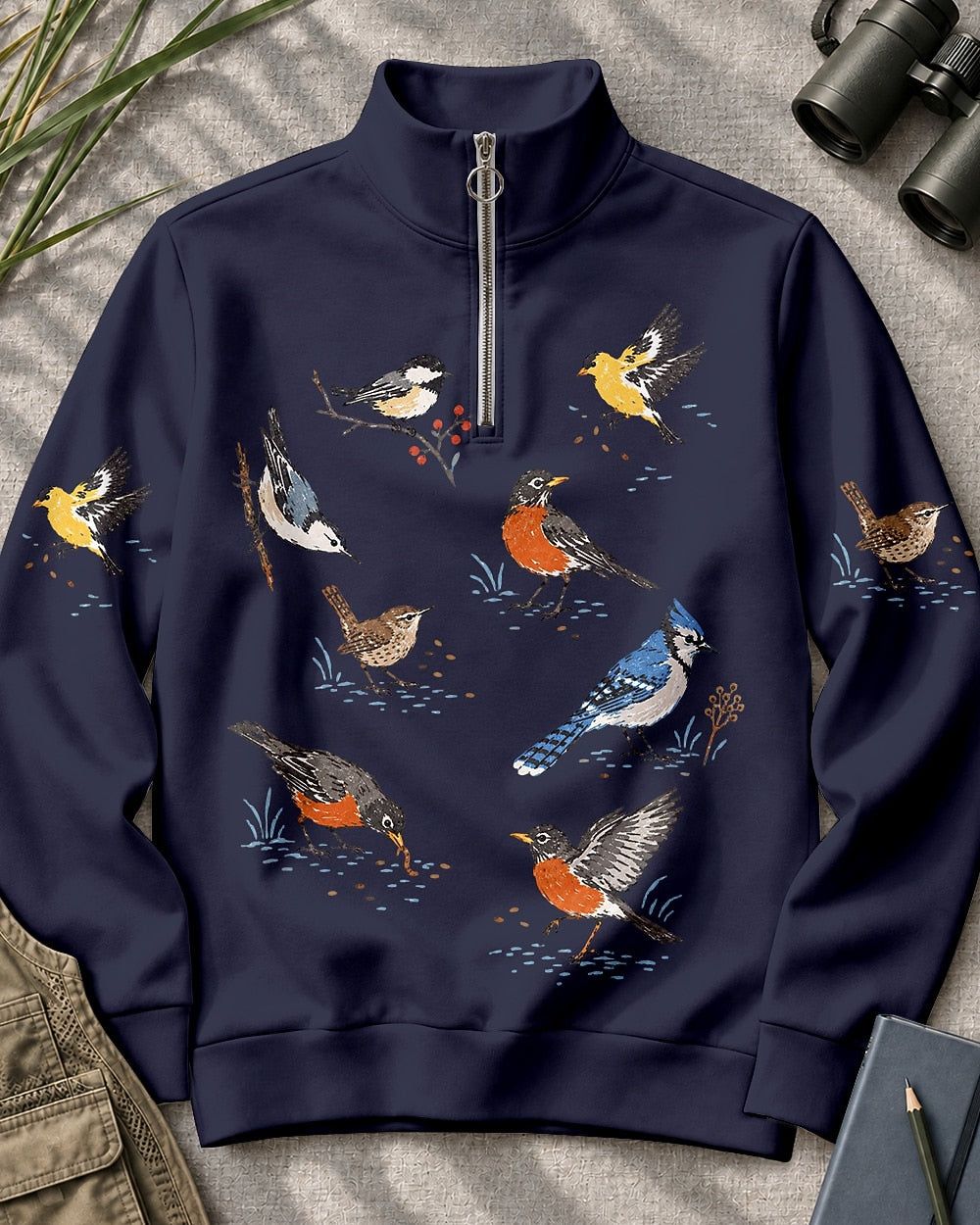 Backyard Birds Robin Blue Jay UPF50+ Spandex Quarter-Zip Stretch Sweatshirt