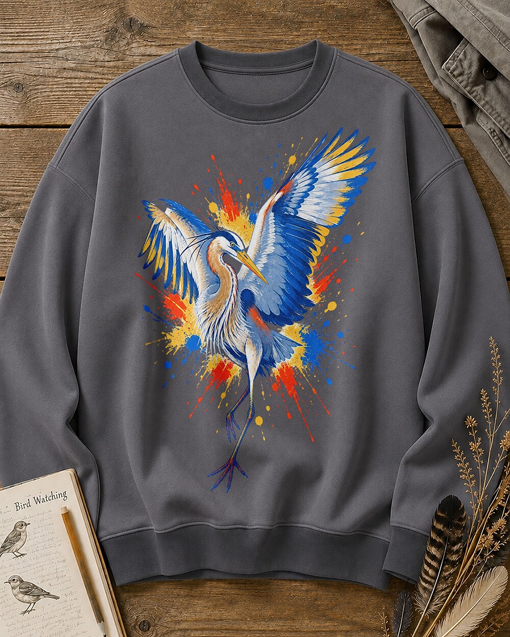 Great Blue Heron Colorful Wings Art Bird Watching Sweatshirt