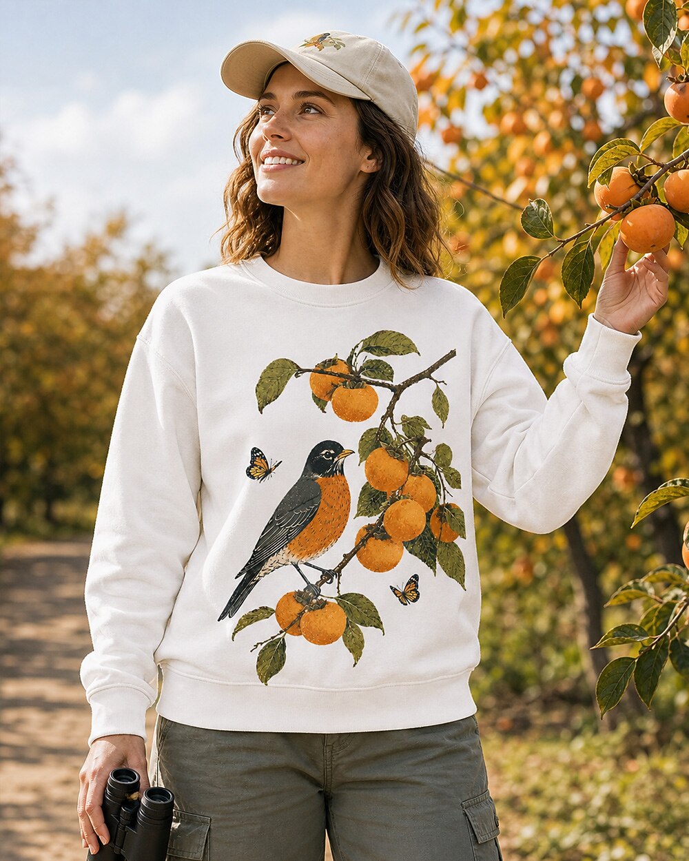 American Robin Persimmon Branch Autumn Birdwatching Sweatshirt