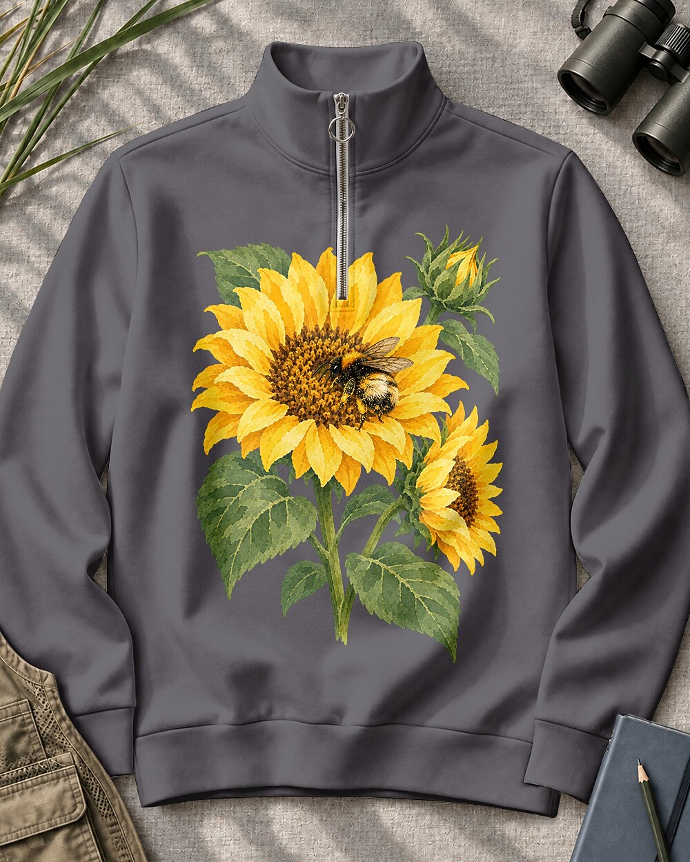 Sunflower Bee Garden Quarter-Zip Stretch Sweatshirt Spandex UPF50+