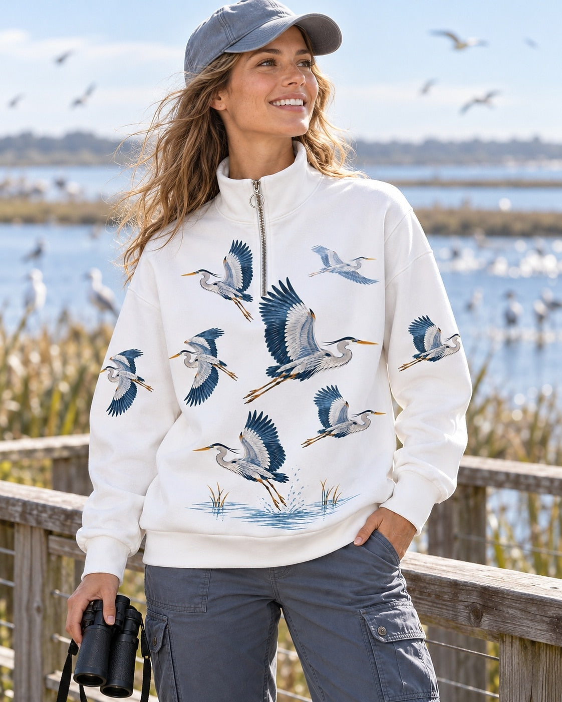Flying Great Blue Herons UPF50+ Spandex Quarter-Zip Stretch Sweatshirt