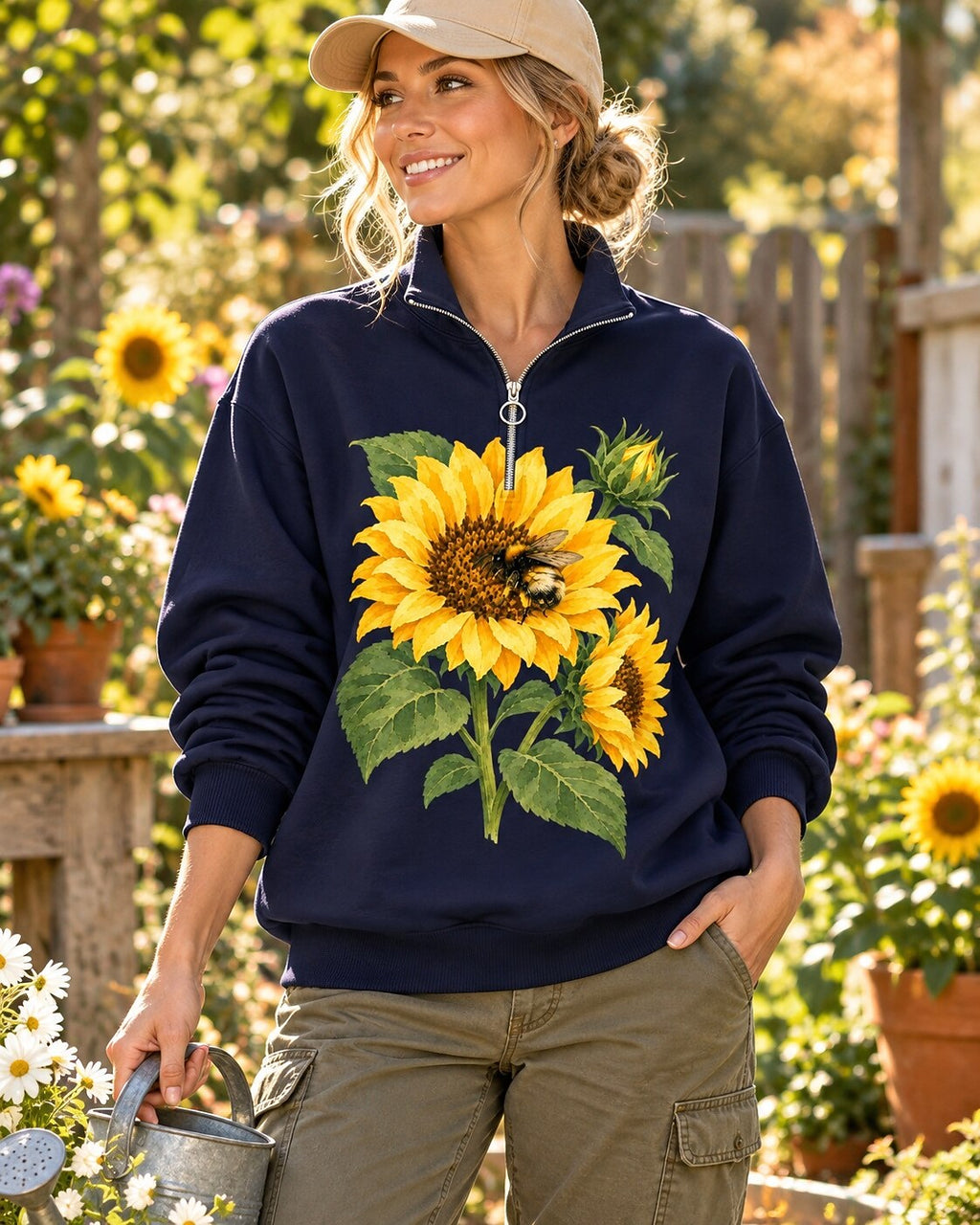 Sunflower Bee Garden Quarter-Zip Stretch Sweatshirt Spandex UPF50+
