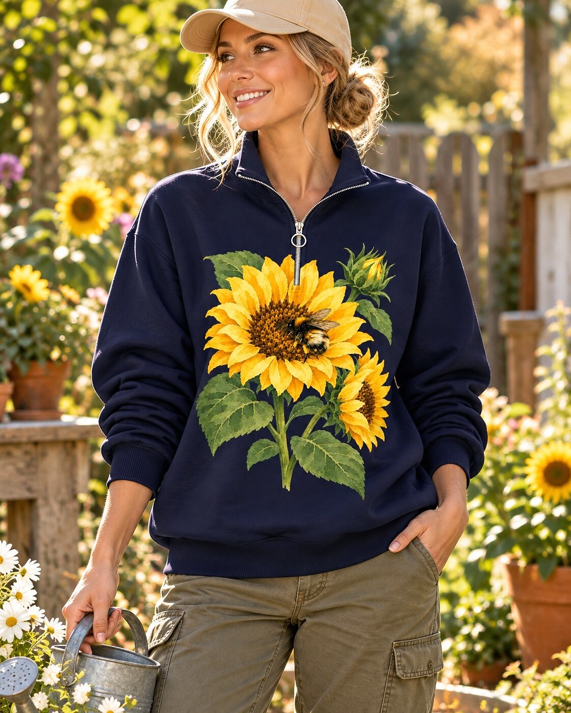 Sunflower Bee Garden Quarter-Zip Stretch Sweatshirt Spandex UPF50+