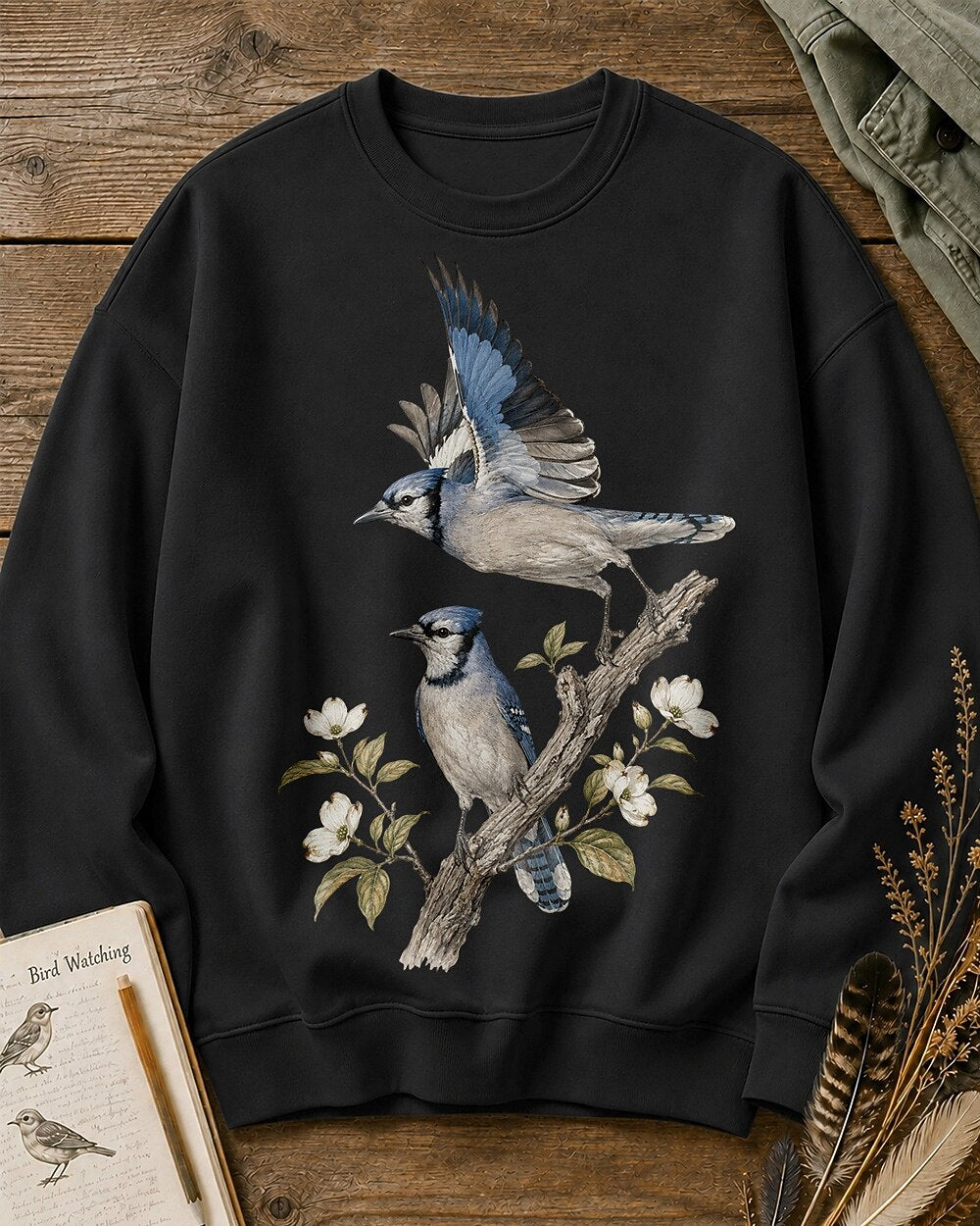 Blue Jay Pair Dogwood Blossom Birdwatching Sweatshirt