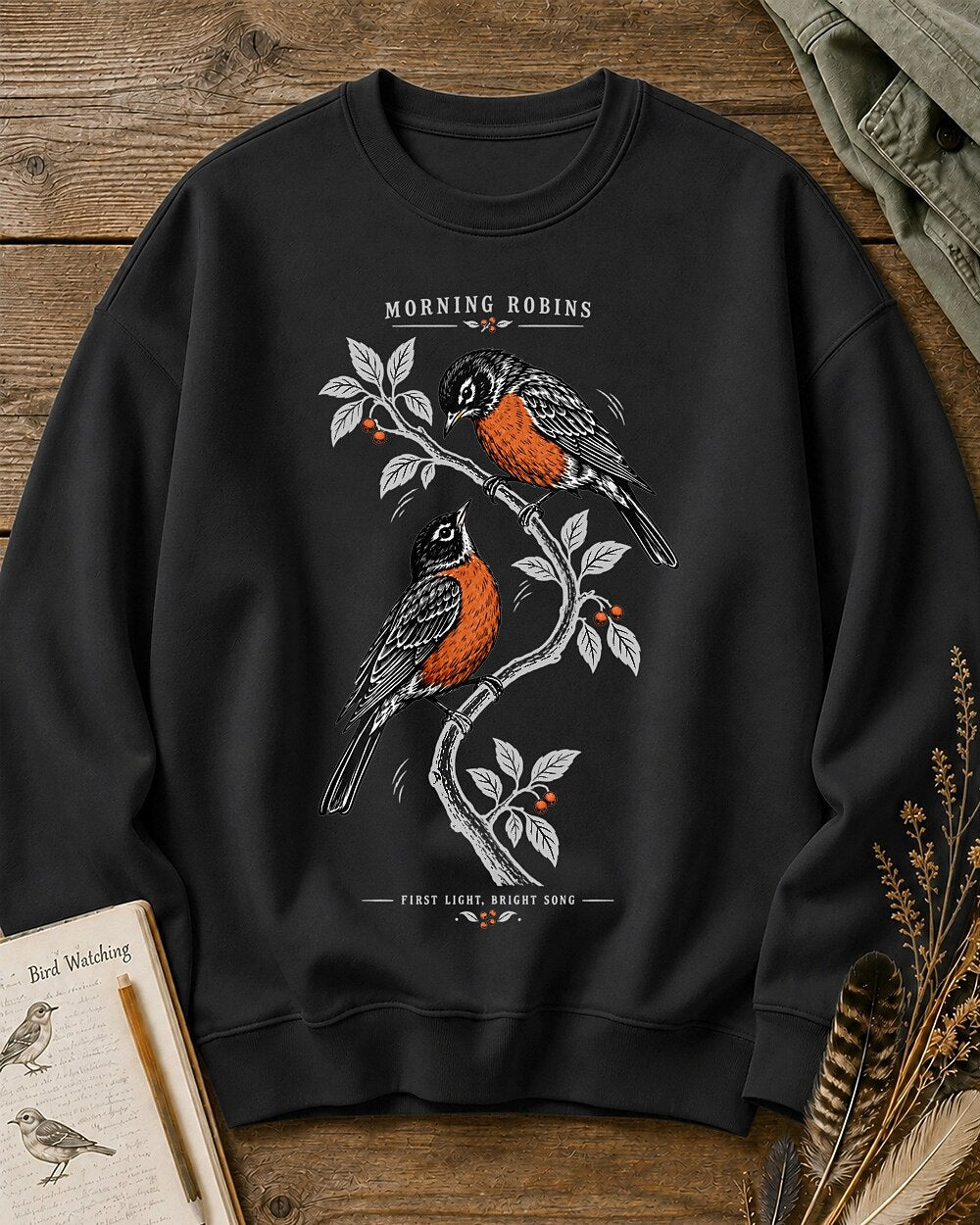 American Robin Pair Winterberry Branch Backyard Bird Watching Sweatshirt