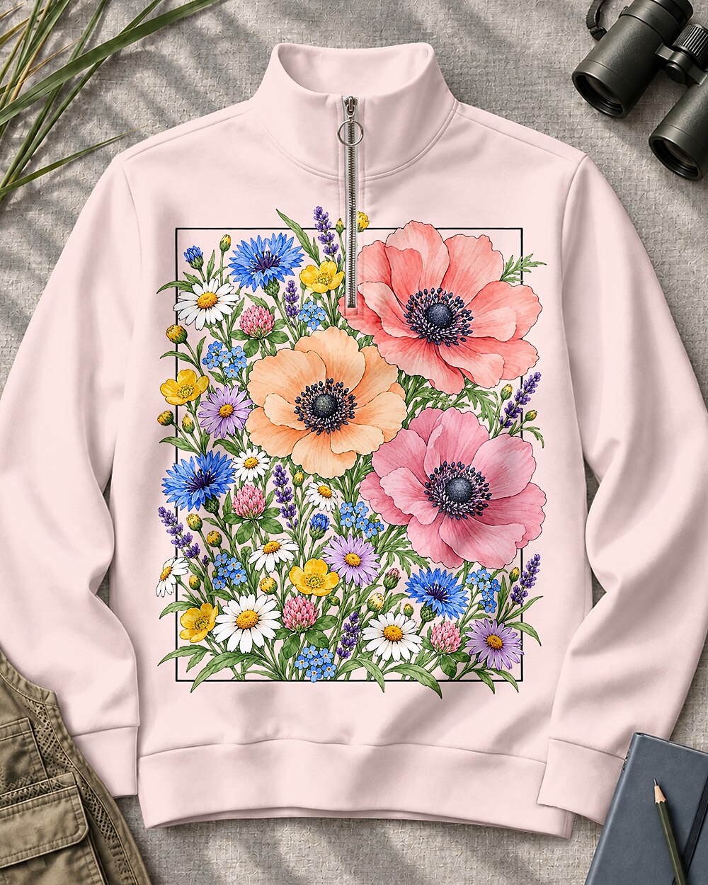 Poppy Wildflower Garden Quarter-Zip Stretch Sweatshirt Spandex UPF50+