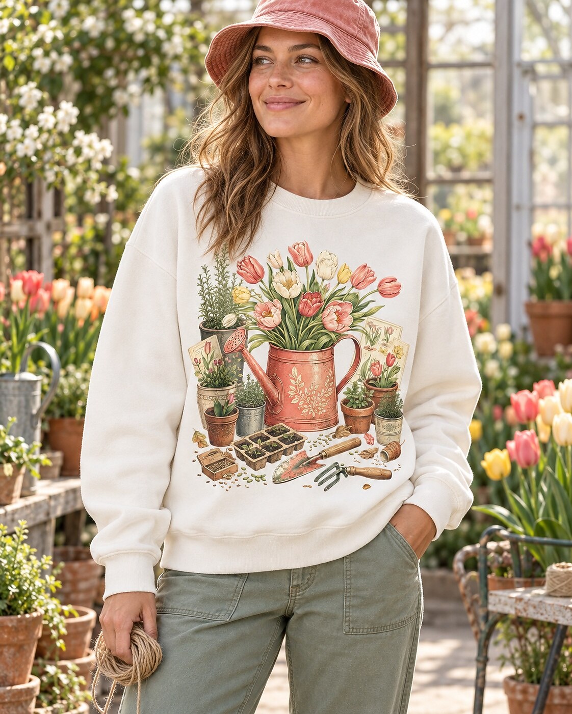 Tulip Watering Can Cottage Garden Floral Sweatshirt