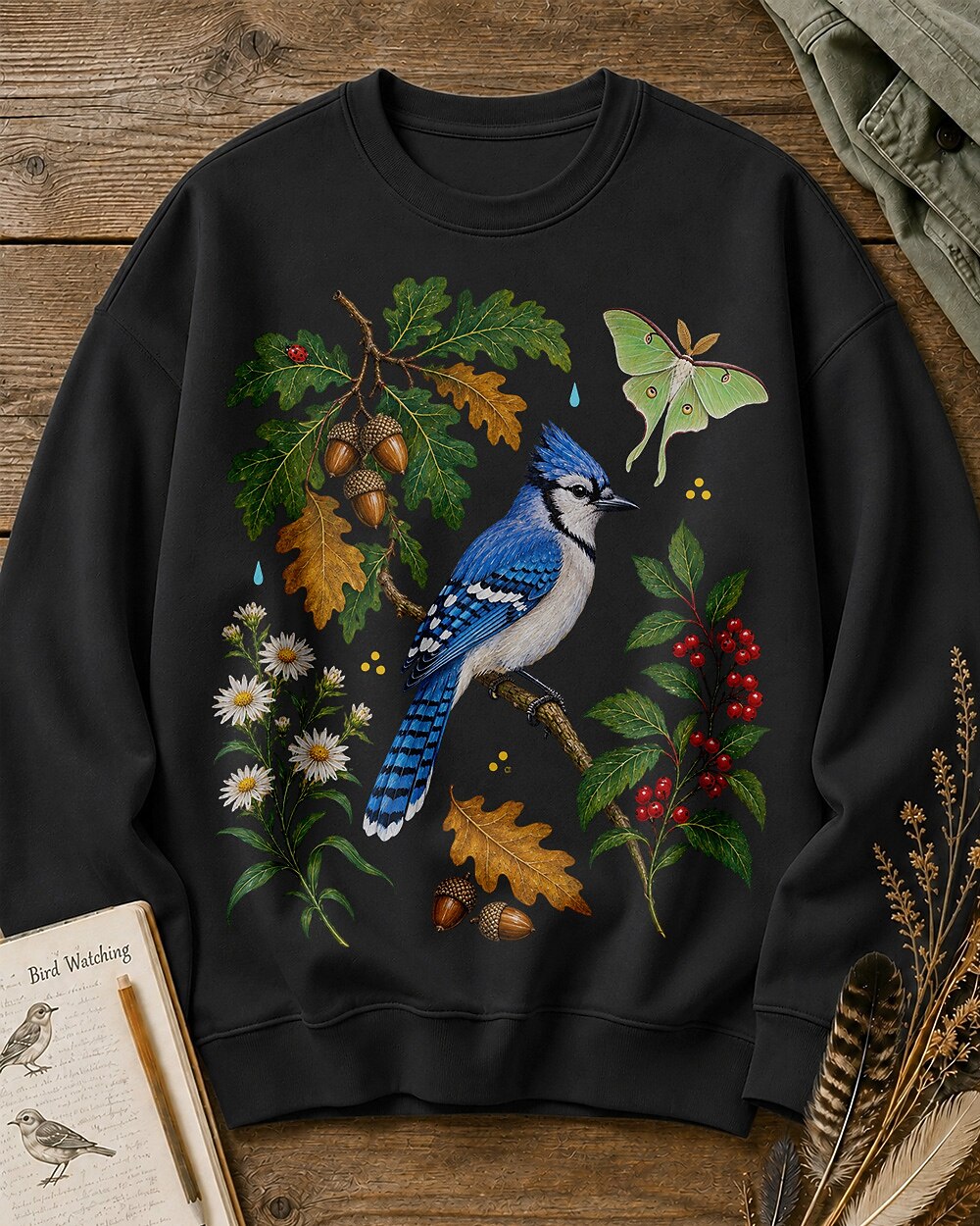 Blue Jay Oak Acorn Holly Berry Bird Watching Sweatshirt