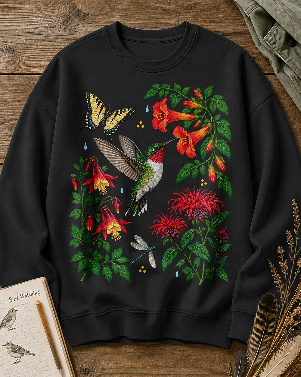Ruby Throated Hummingbird Wildflower Garden Bird Watching Sweatshirt