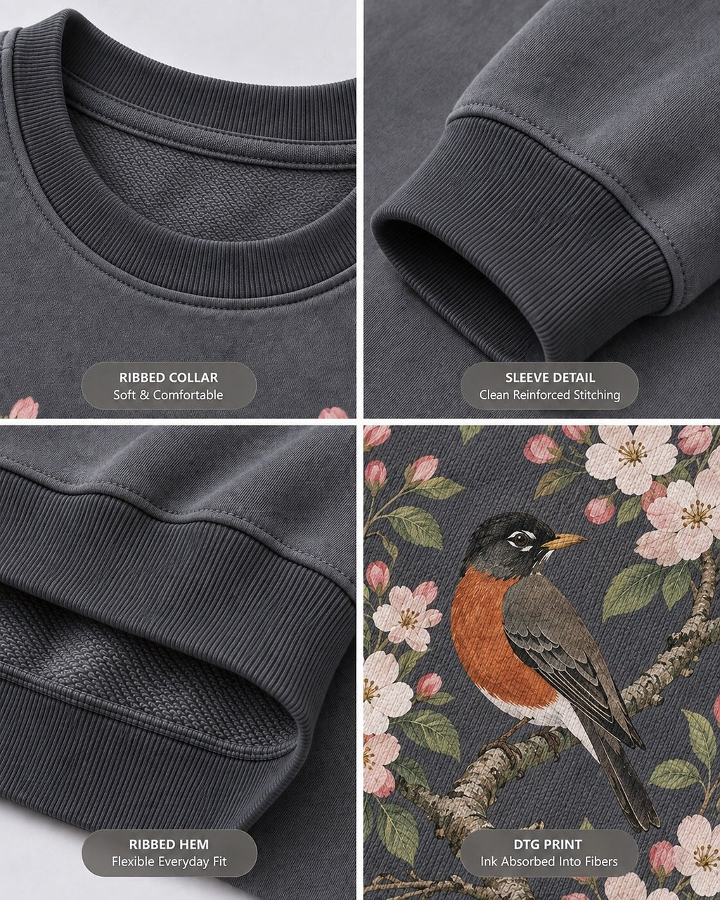 American Robin Apple Blossom Vintage Bird Watching Sweatshirt