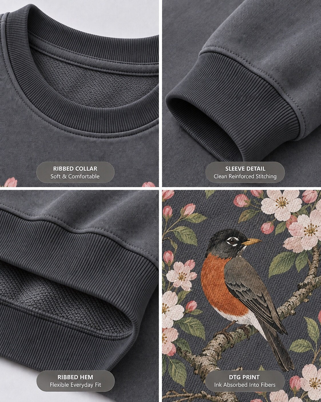 American Robin Apple Blossom Vintage Bird Watching Sweatshirt