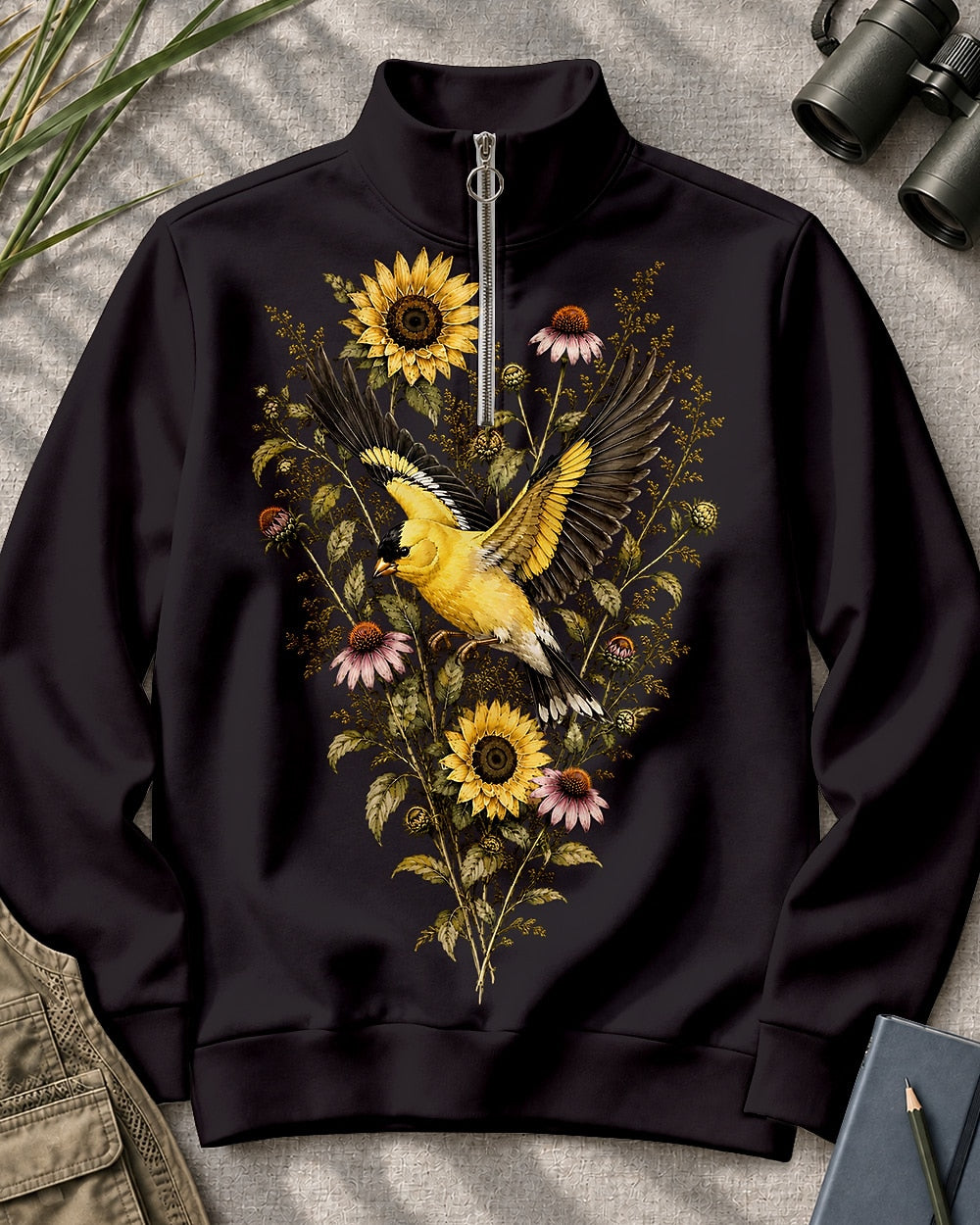 American Goldfinch Sunflower Wildflower UPF50+ Spandex Quarter-Zip Stretch Sweatshirt