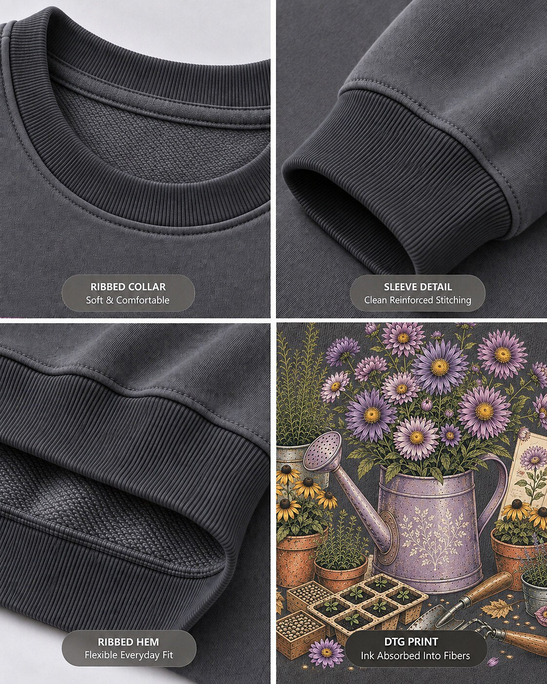 Purple Aster Black Eyed Susan Watering Can Garden Sweatshirt