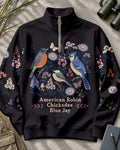 American Robin Chickadee Blue Jay Floral UPF50+ Spandex Quarter-Zip Stretch Sweatshirt