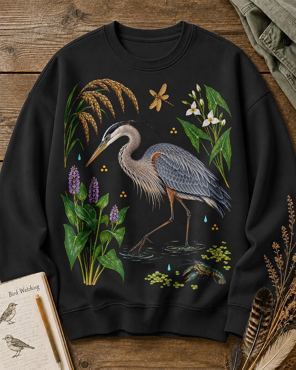 Great Blue Heron Wetland Grasses Wildflower Bird Watching Sweatshirt
