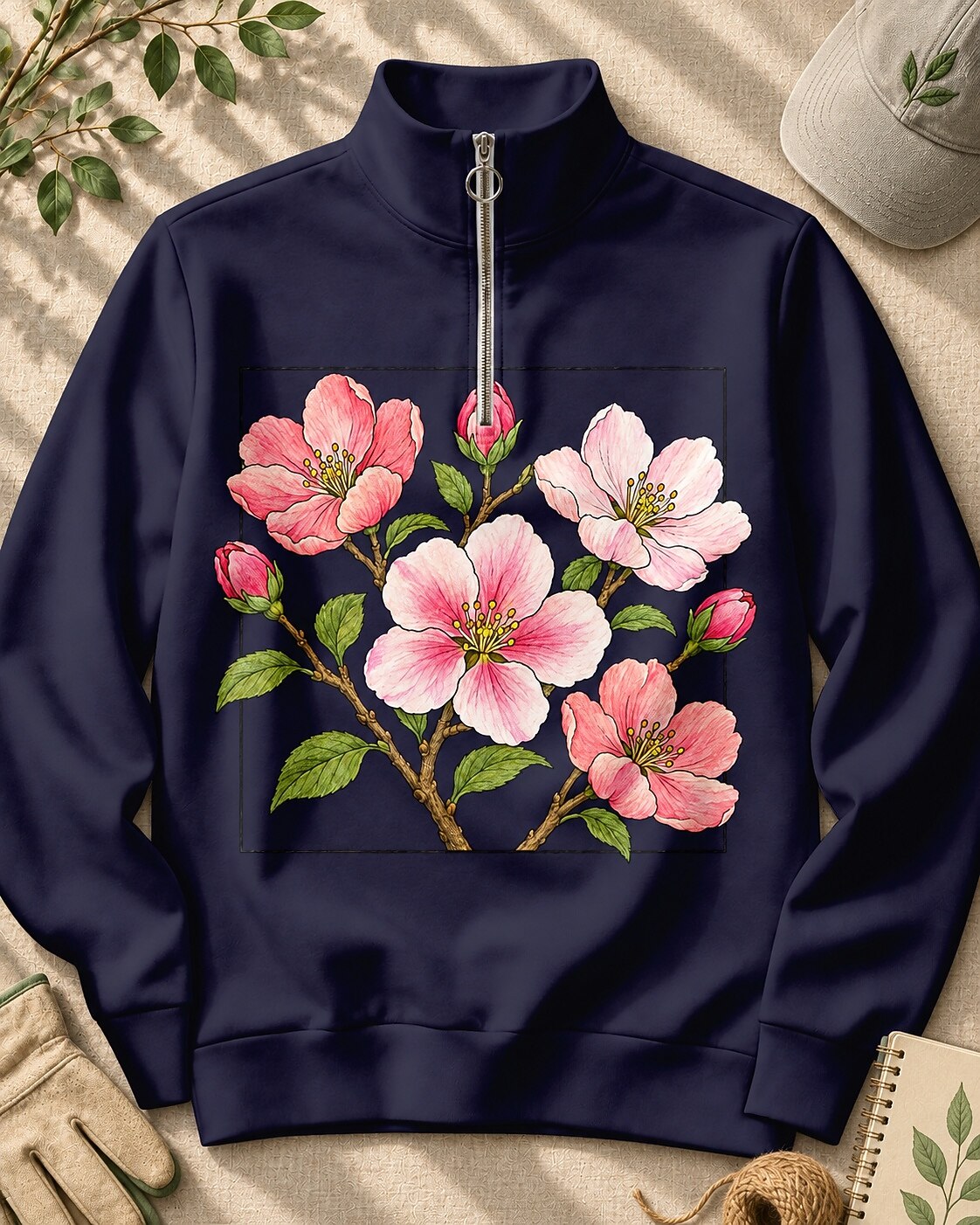 Cherry Blossom Garden Quarter-Zip Stretch Sweatshirt Spandex UPF50+