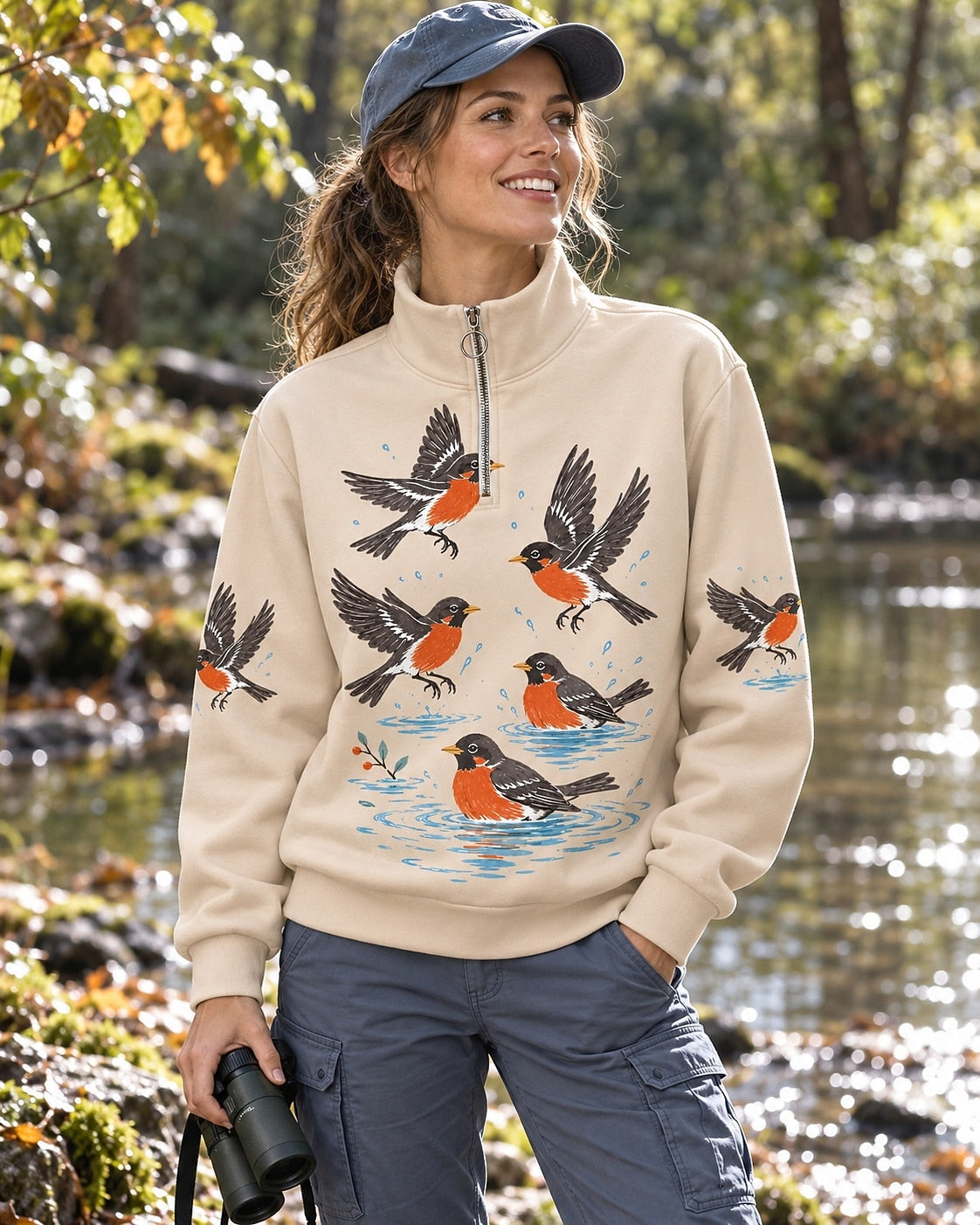 American Robin Bird Bath UPF50+ Spandex Quarter-Zip Stretch Sweatshirt