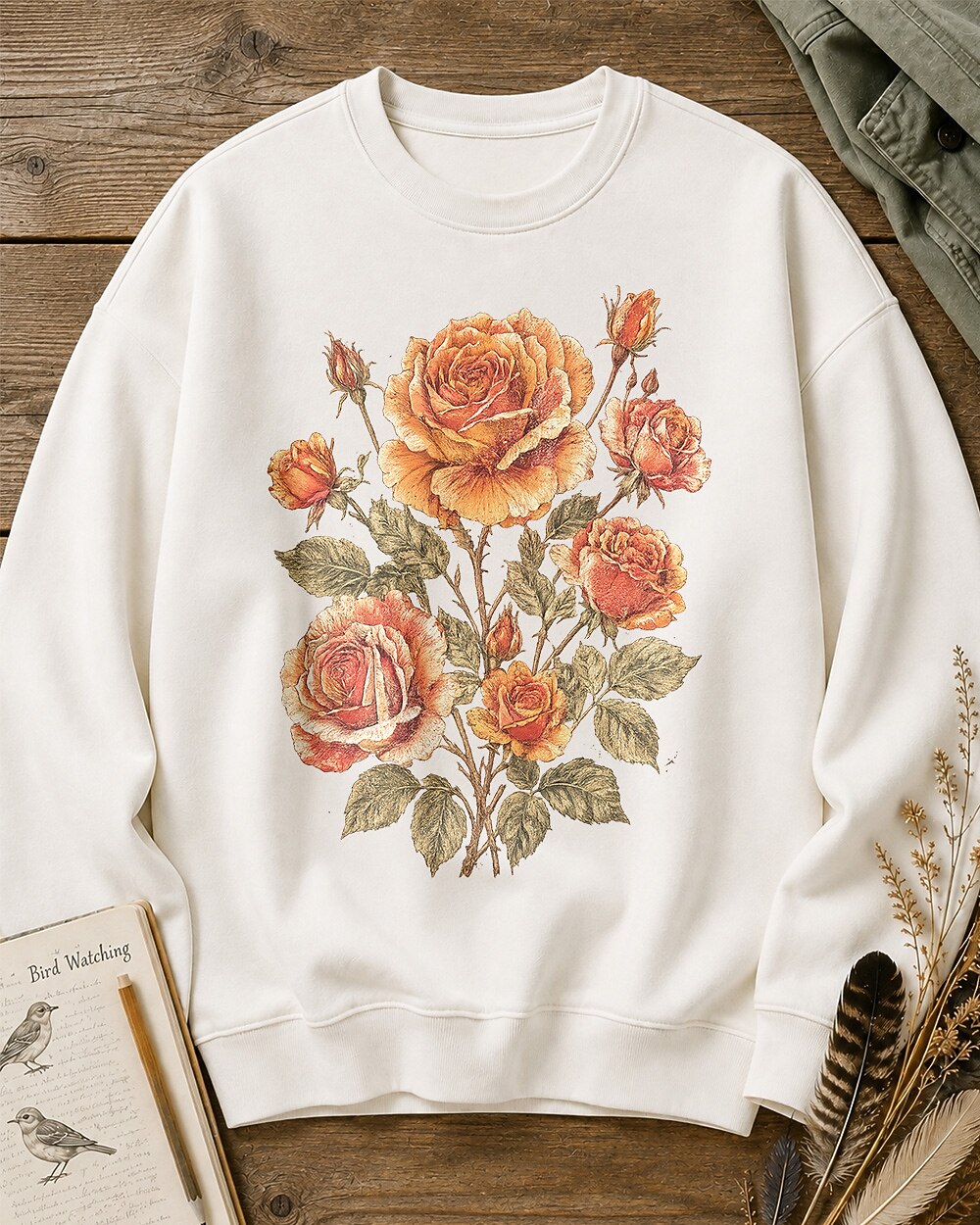 Orange Rose Vintage Botanical Cottage Garden Sweatshirt
