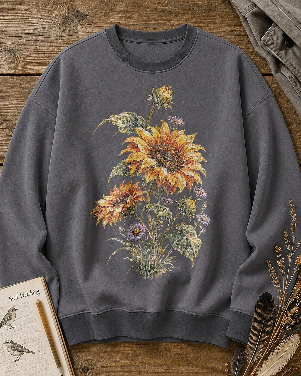 Sunflower Purple Aster Vintage Botanical Garden Sweatshirt