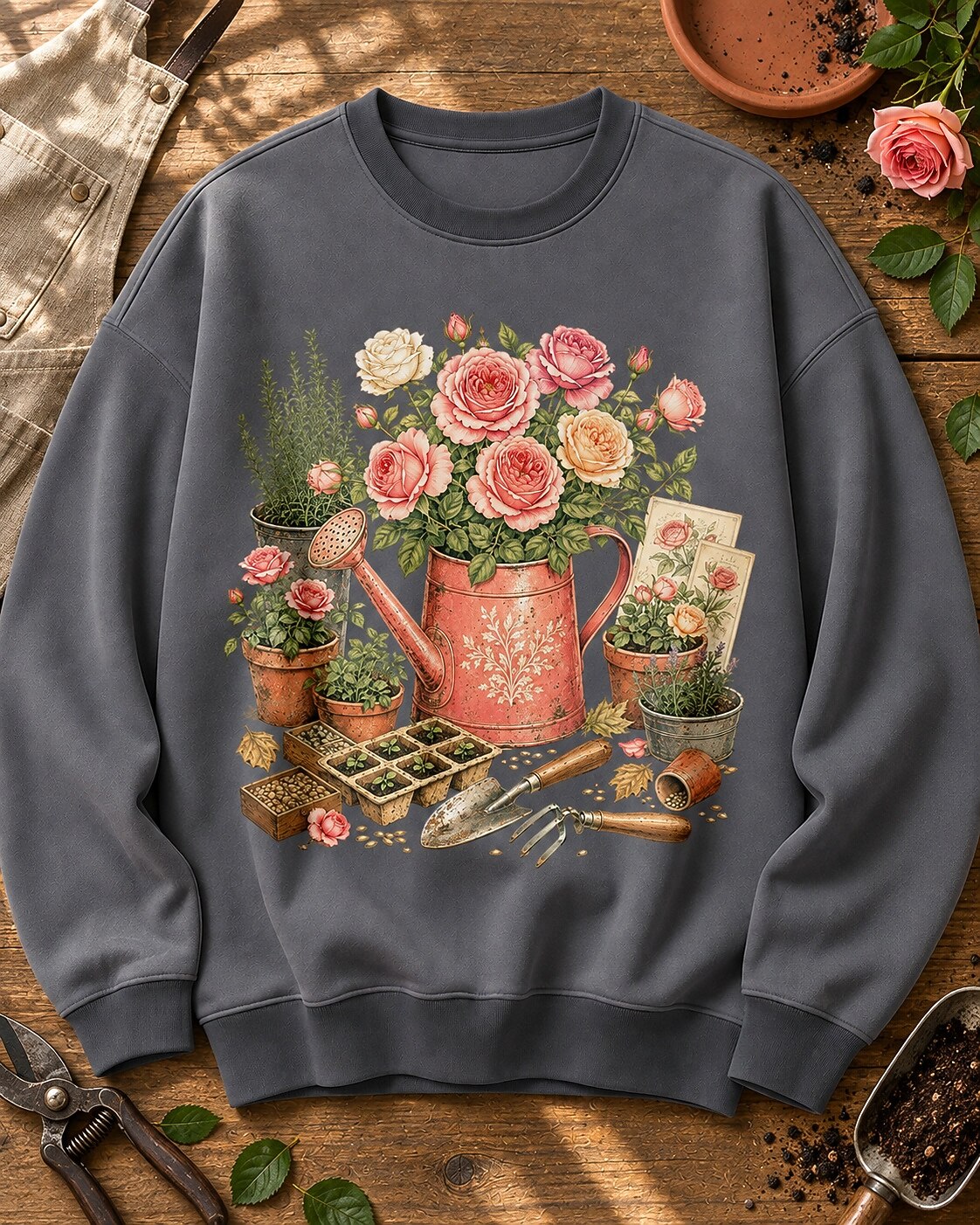 Rose Watering Can Cottage Garden Floral Sweatshirt
