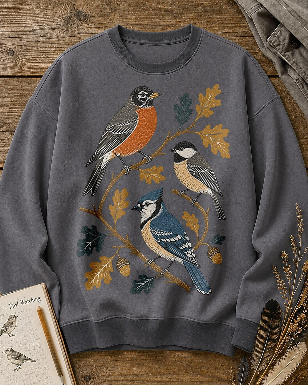 American Robin Blue Jay Autumn Oak Leaf Sweatshirt