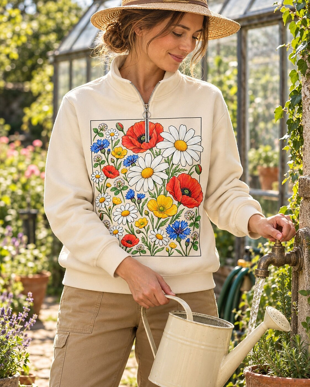 Wildflower Poppy Daisy Quarter-Zip Stretch Sweatshirt Spandex UPF50+