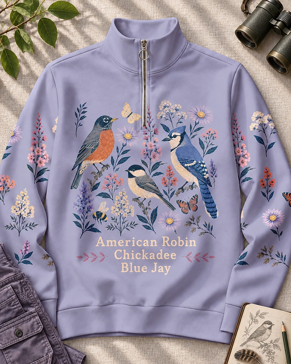 American Robin Chickadee Blue Jay Floral UPF50+ Spandex Quarter-Zip Stretch Sweatshirt