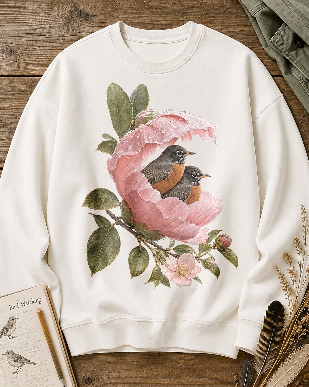 American Robin Pair Rose Blossom Birdwatching Sweatshirt