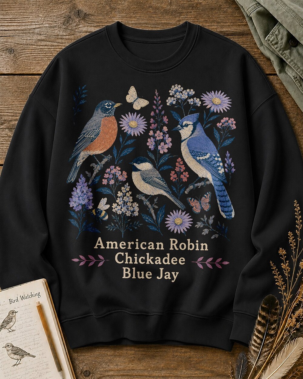 American Robin Blue Jay Chickadee Wildflower Birdwatching Sweatshirt