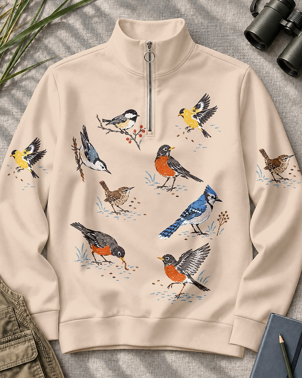 Backyard Birds Robin Blue Jay UPF50+ Spandex Quarter-Zip Stretch Sweatshirt