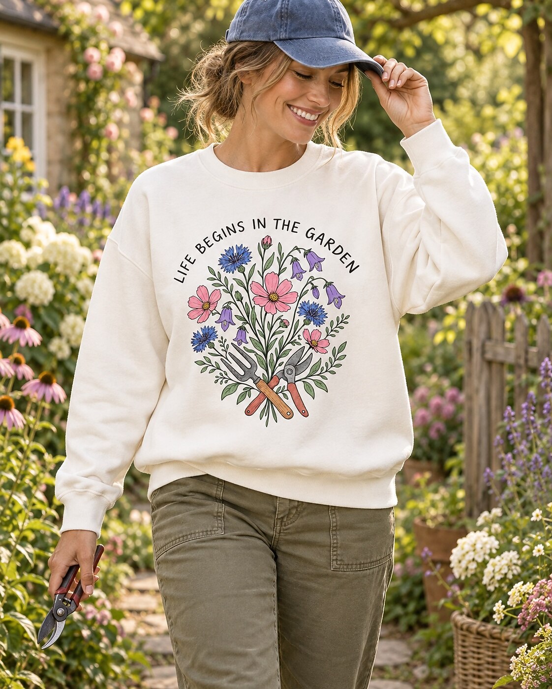 Cornflower Cosmos Wildflower Cottage Garden Tools Sweatshirt