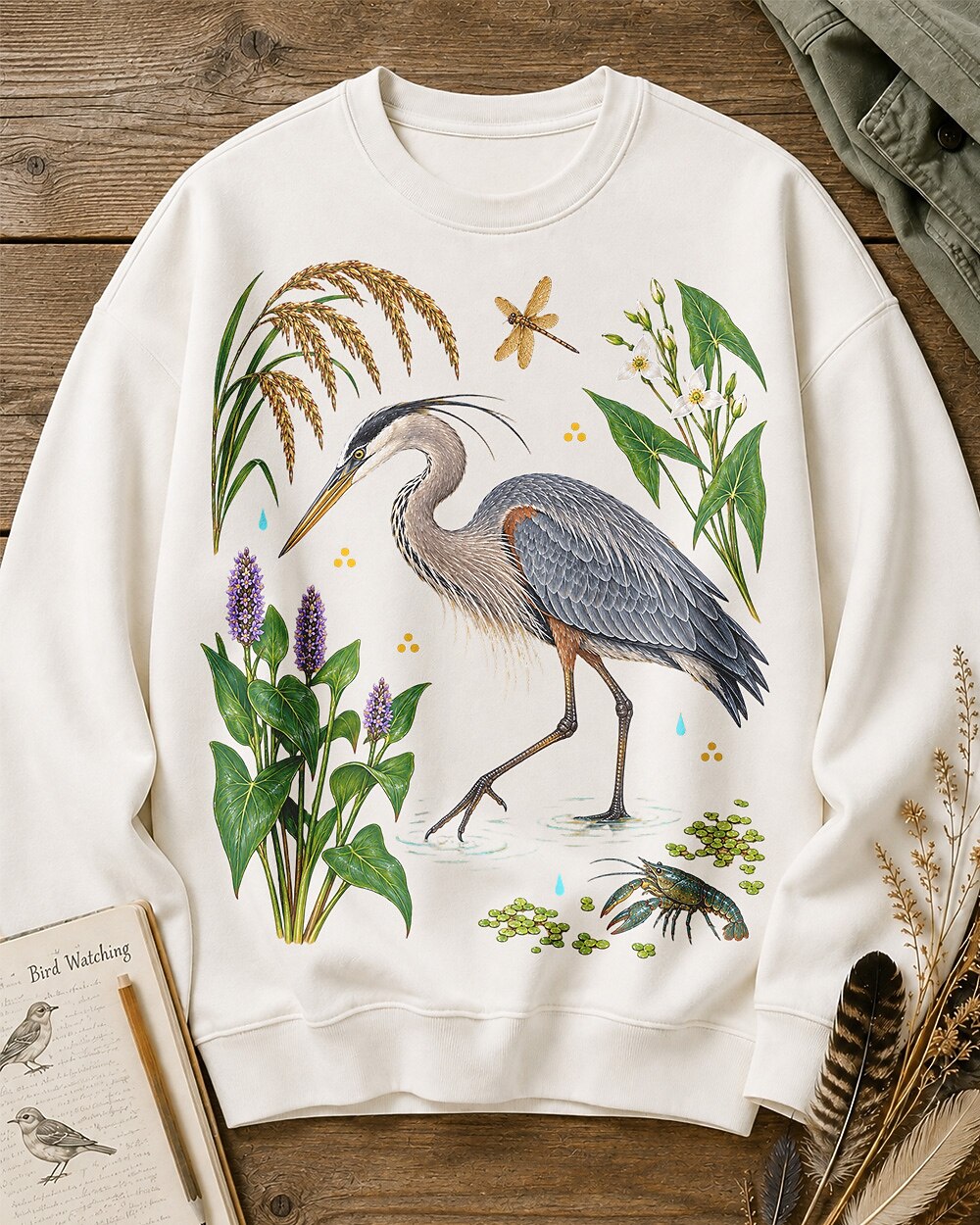 Great Blue Heron Wetland Grasses Wildflower Bird Watching Sweatshirt
