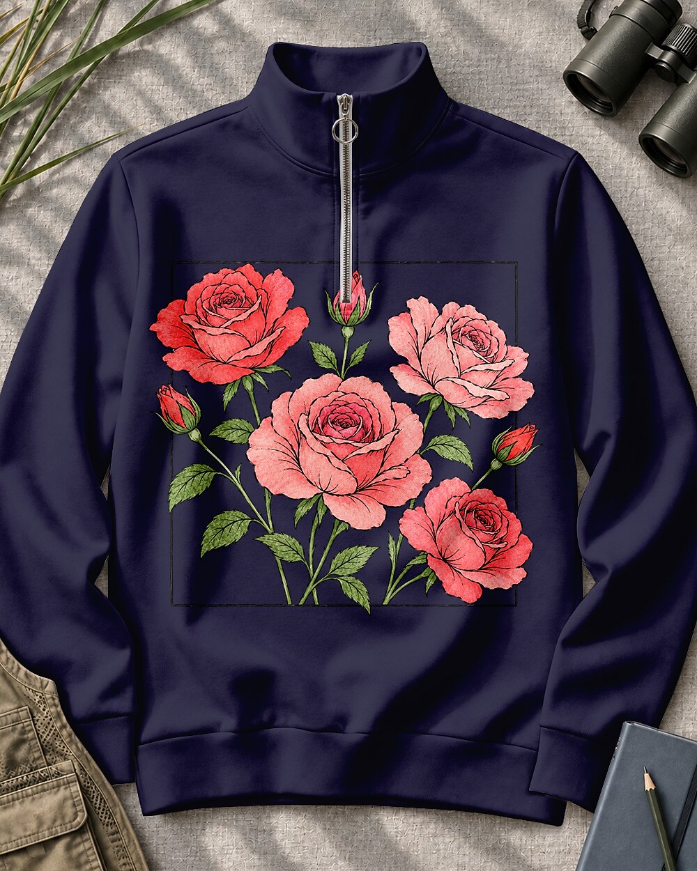 Rose Bouquet Garden Quarter-Zip Stretch Sweatshirt Spandex UPF50+
