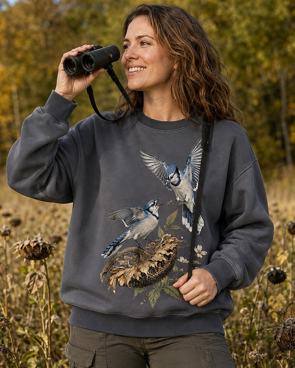 Blue Jay Pair Sunflower Country Garden Sweatshirt