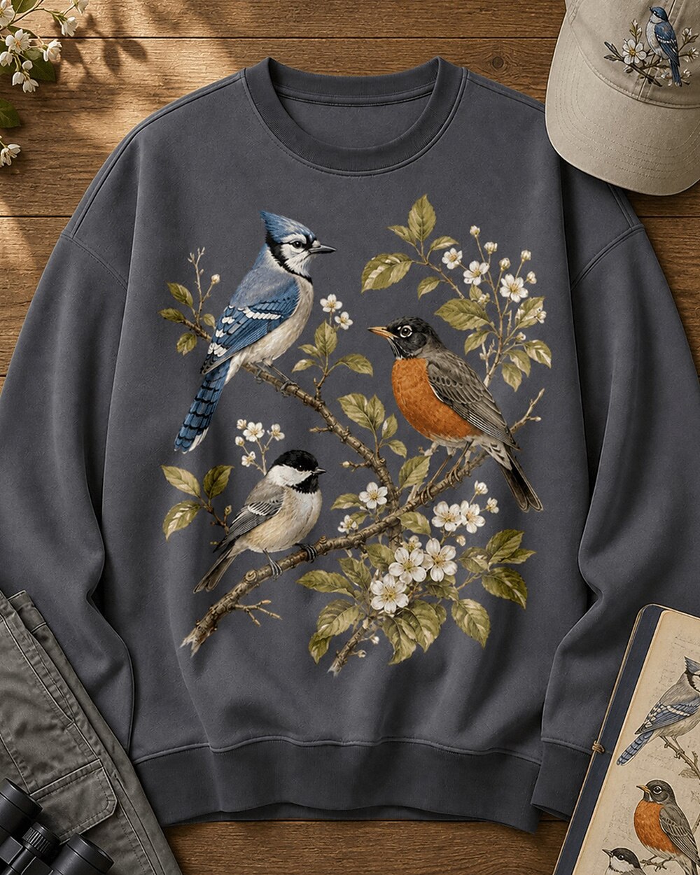 Blue Jay American Robin Chickadee Blossom Branch Sweatshirt