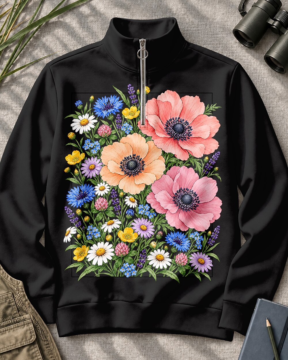 Poppy Wildflower Garden Quarter-Zip Stretch Sweatshirt Spandex UPF50+
