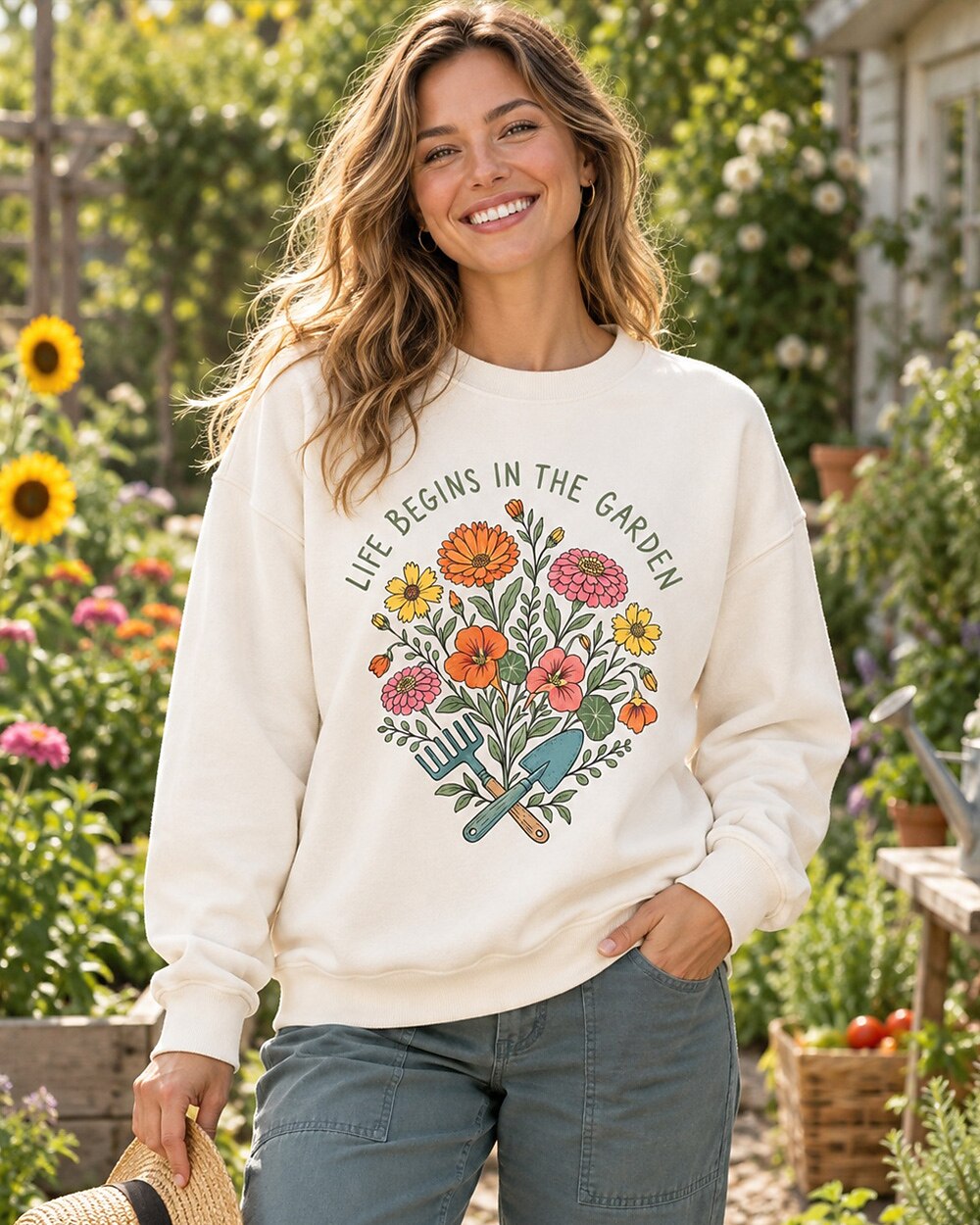 Colorful Zinnia Nasturtium Garden Tools Wildflower Sweatshirt