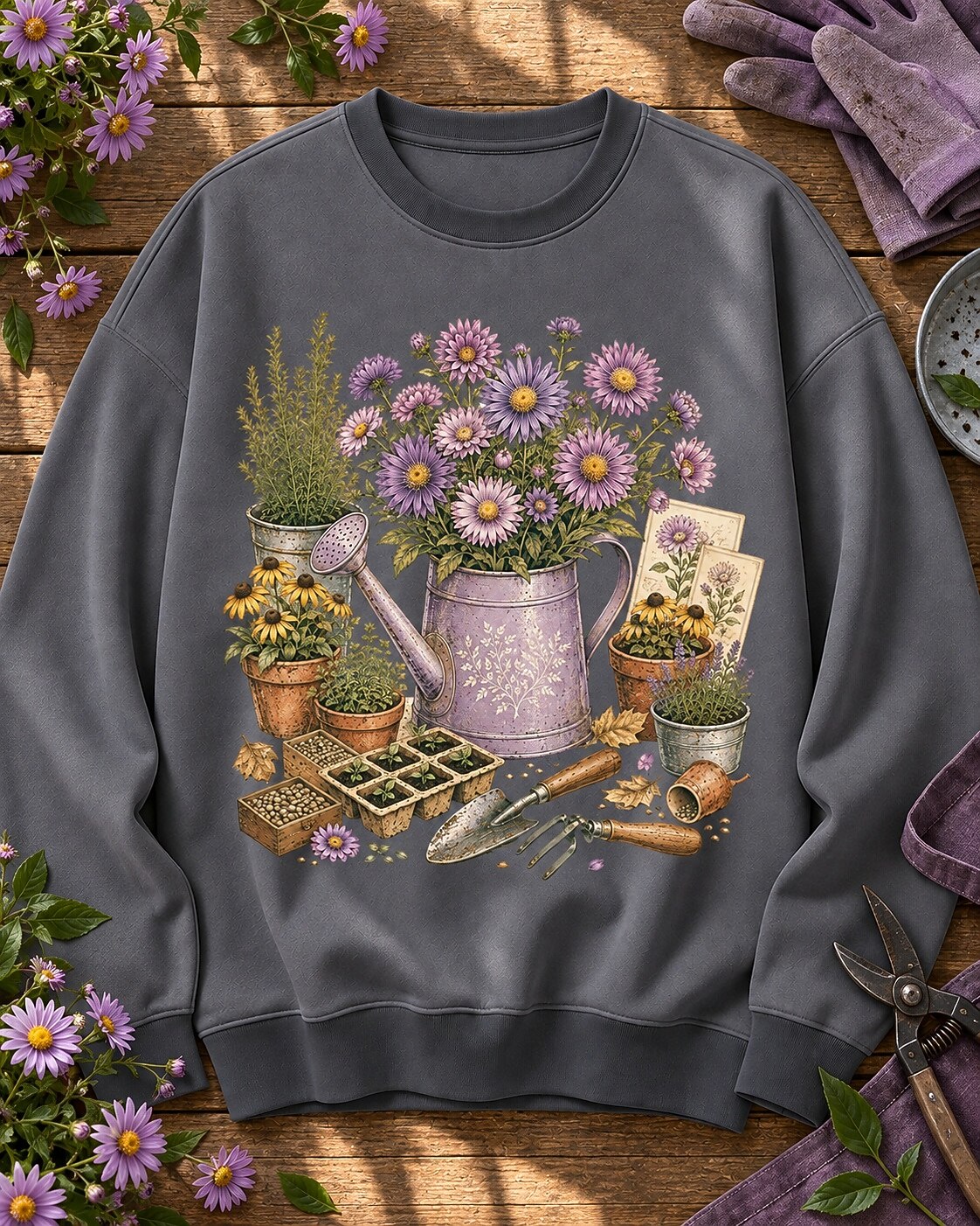 Purple Aster Black Eyed Susan Watering Can Garden Sweatshirt