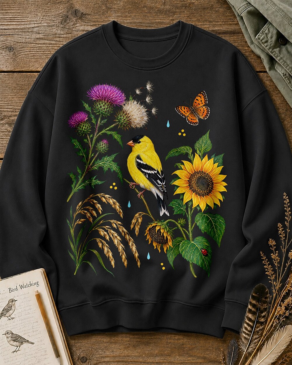 American Goldfinch Sunflower Thistle Wildflower Bird Watching Sweatshirt