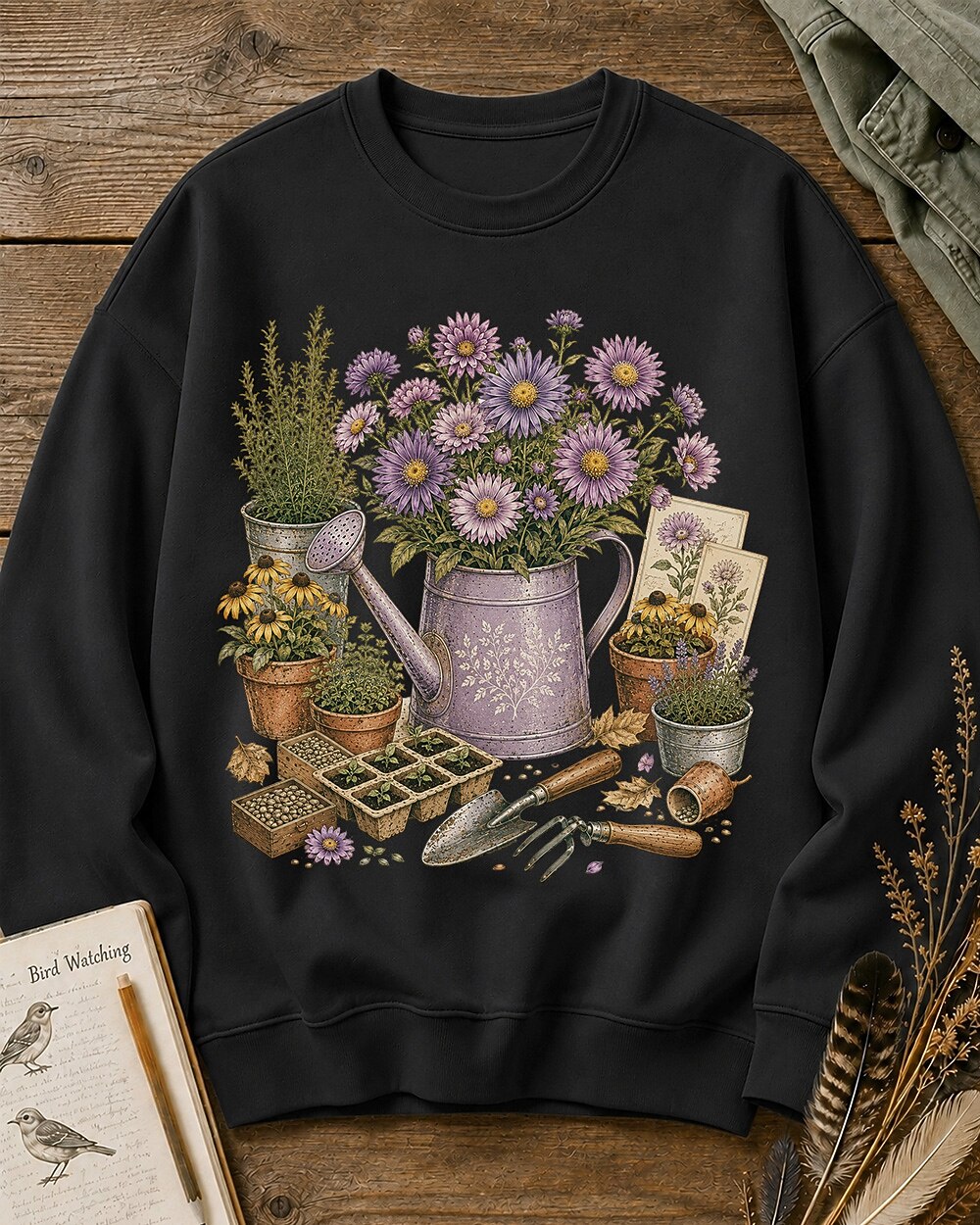 Purple Aster Black Eyed Susan Watering Can Garden Sweatshirt