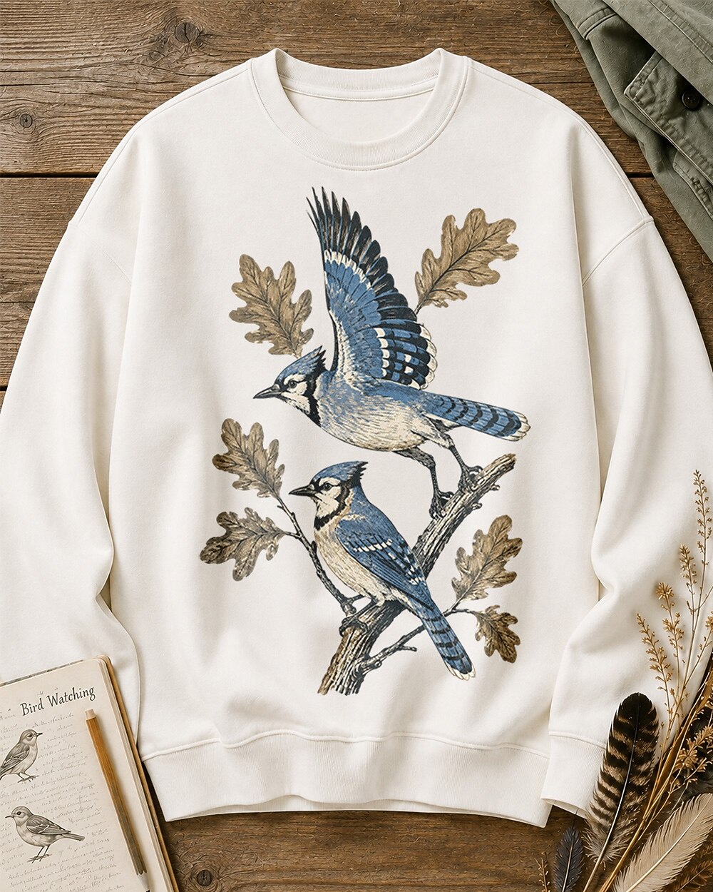 Blue Jay Pair Oak Branch Birdwatching Sweatshirt