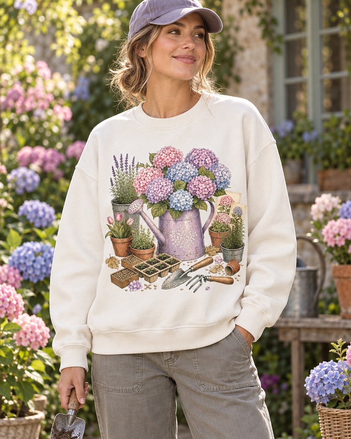 Hydrangea Watering Can Cottage Garden Floral Sweatshirt