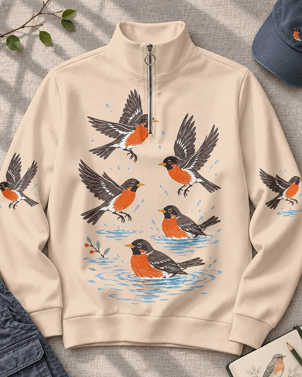 American Robin Bird Bath UPF50+ Spandex Quarter-Zip Stretch Sweatshirt