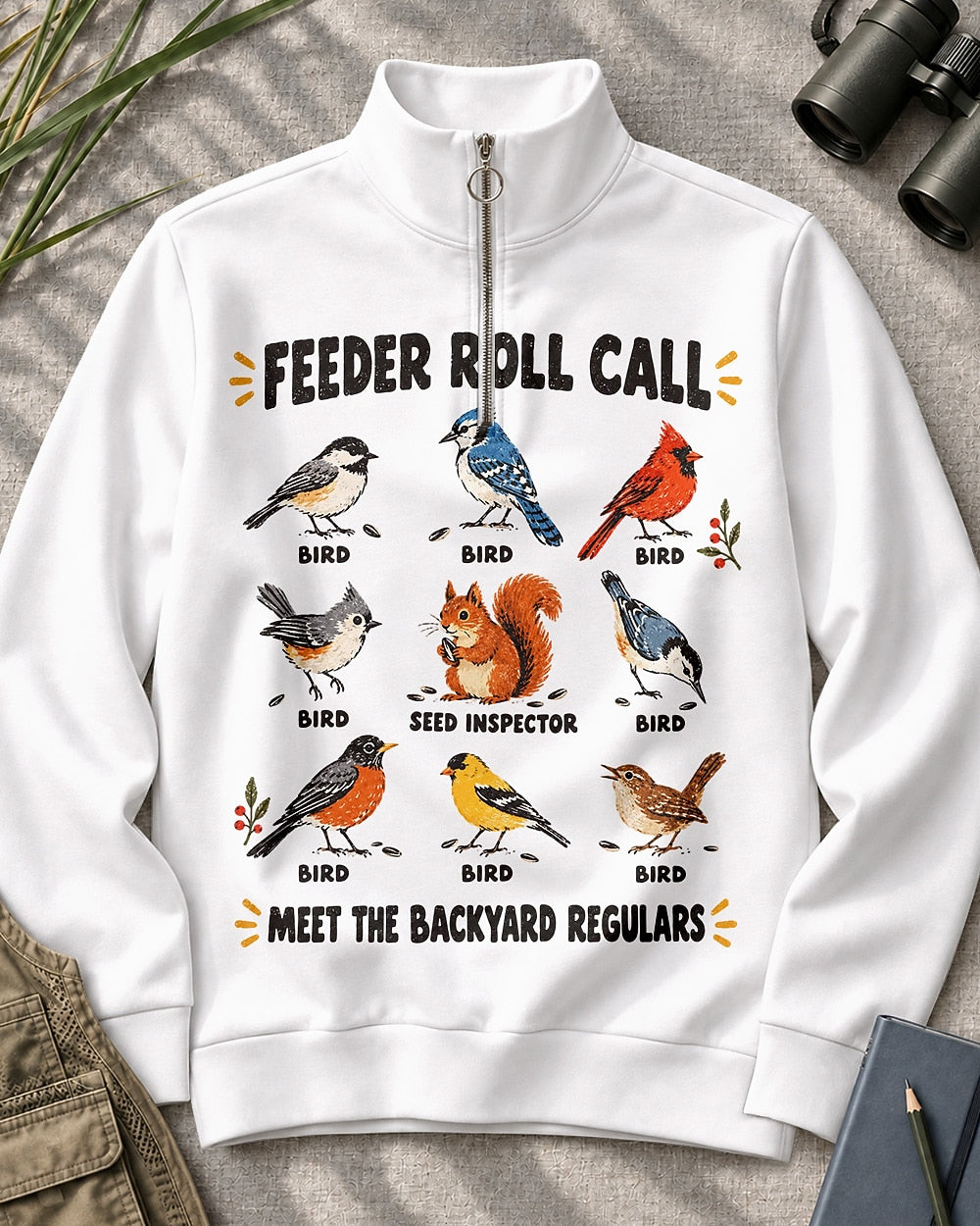 Backyard Birds Squirrel Feeder Roll Call UPF50+ Spandex Quarter-Zip Stretch Sweatshirt