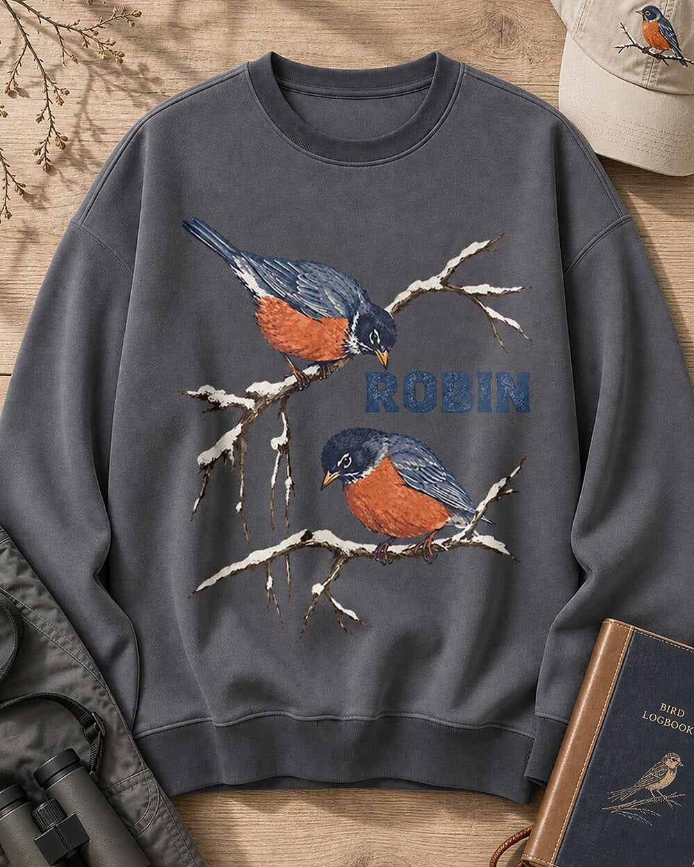 American Robin Pair Snowy Branch Winter Sweatshirt